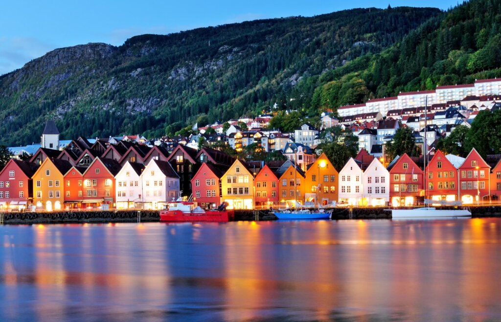 The multi-coloured houses on Bryggen Street in Bergen, Norway