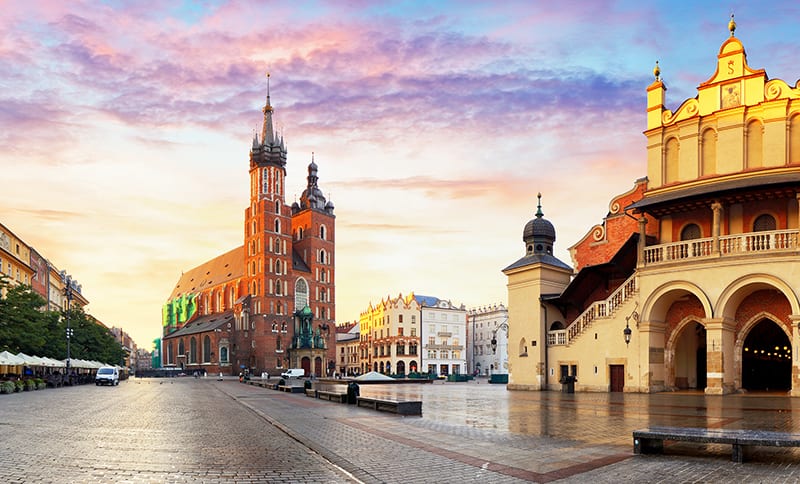 Main Square in Krakow at sunset