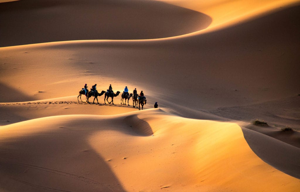 People riding camels across the Sahara desert in Morocco
