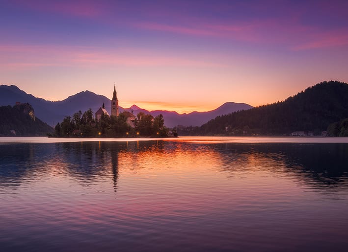 Island with Church in Bled Lake, Slovenia at Sunrise