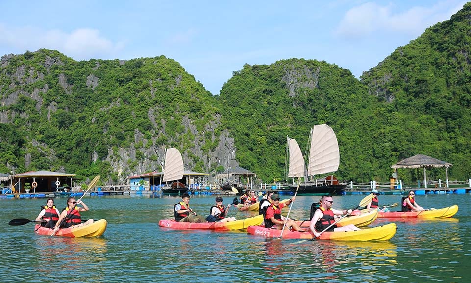 A young traveler girl sit on the top of mountain in Halong bay and enjoy the beauty of seascape. Young girl love wild life, travel, freedom.;