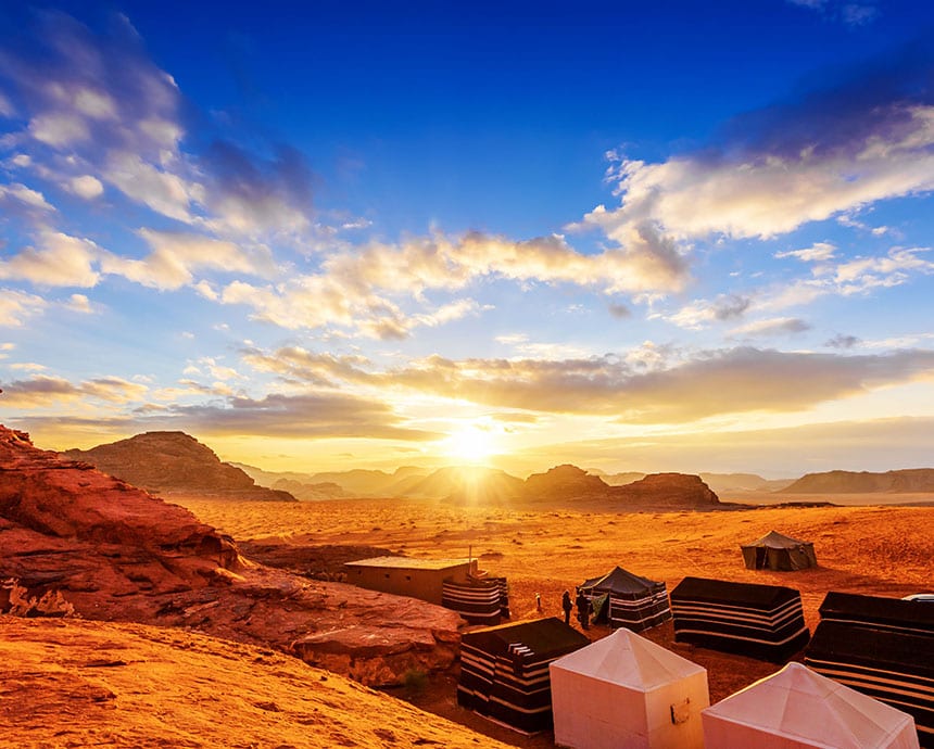 Wadi Rum in Jordan at sunset.