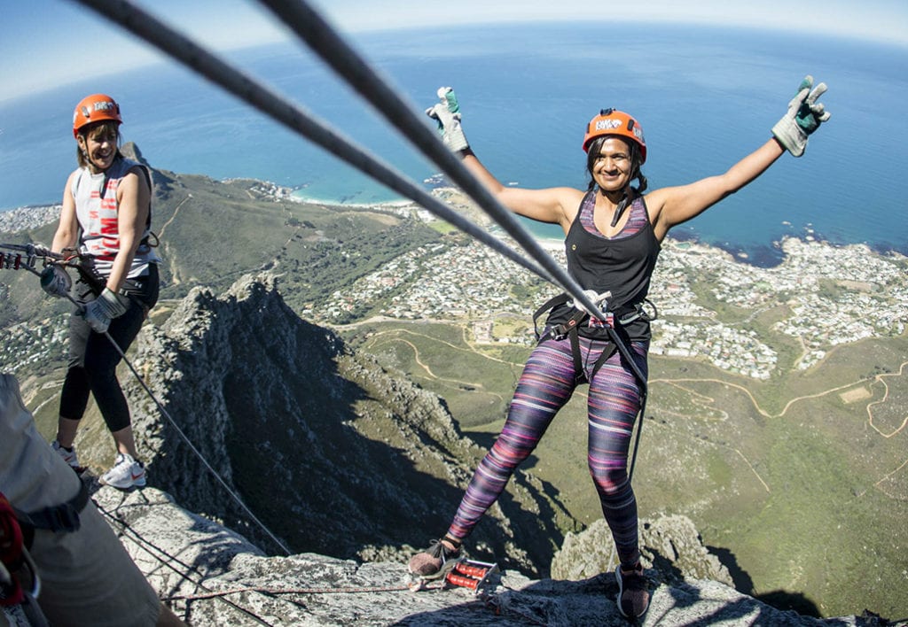 Outdoor action and loads of endorphins at the highest commercial abseil in the world - operated by Abseil Africa on Table Mountain, one of the 7 Natural Wonders of the World and part of the Table Mountain National Park, in Cape Town, Western Cape, South Africa, RSA