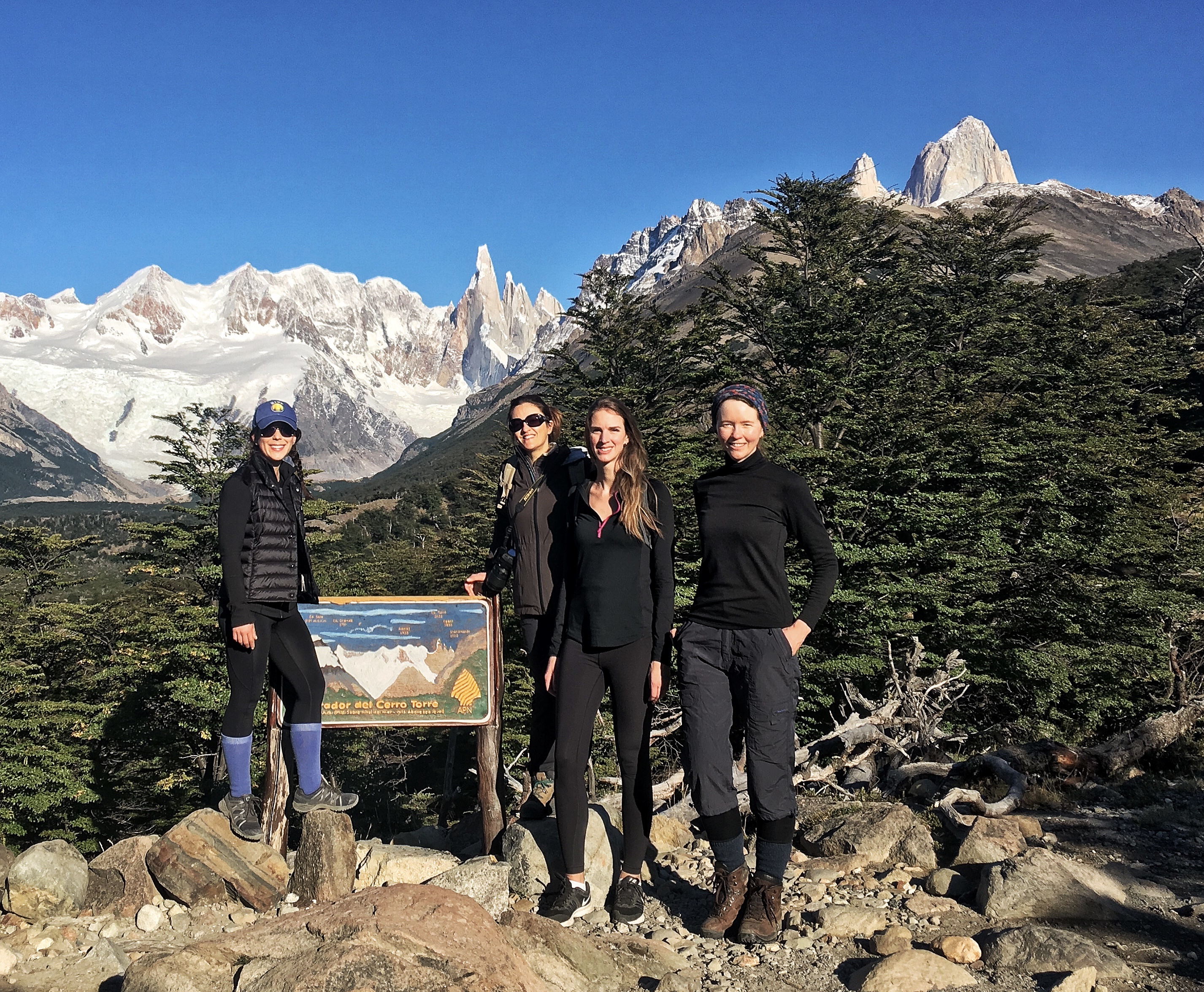 Four Flashpackers hike together in Argentina's Patagonia region
