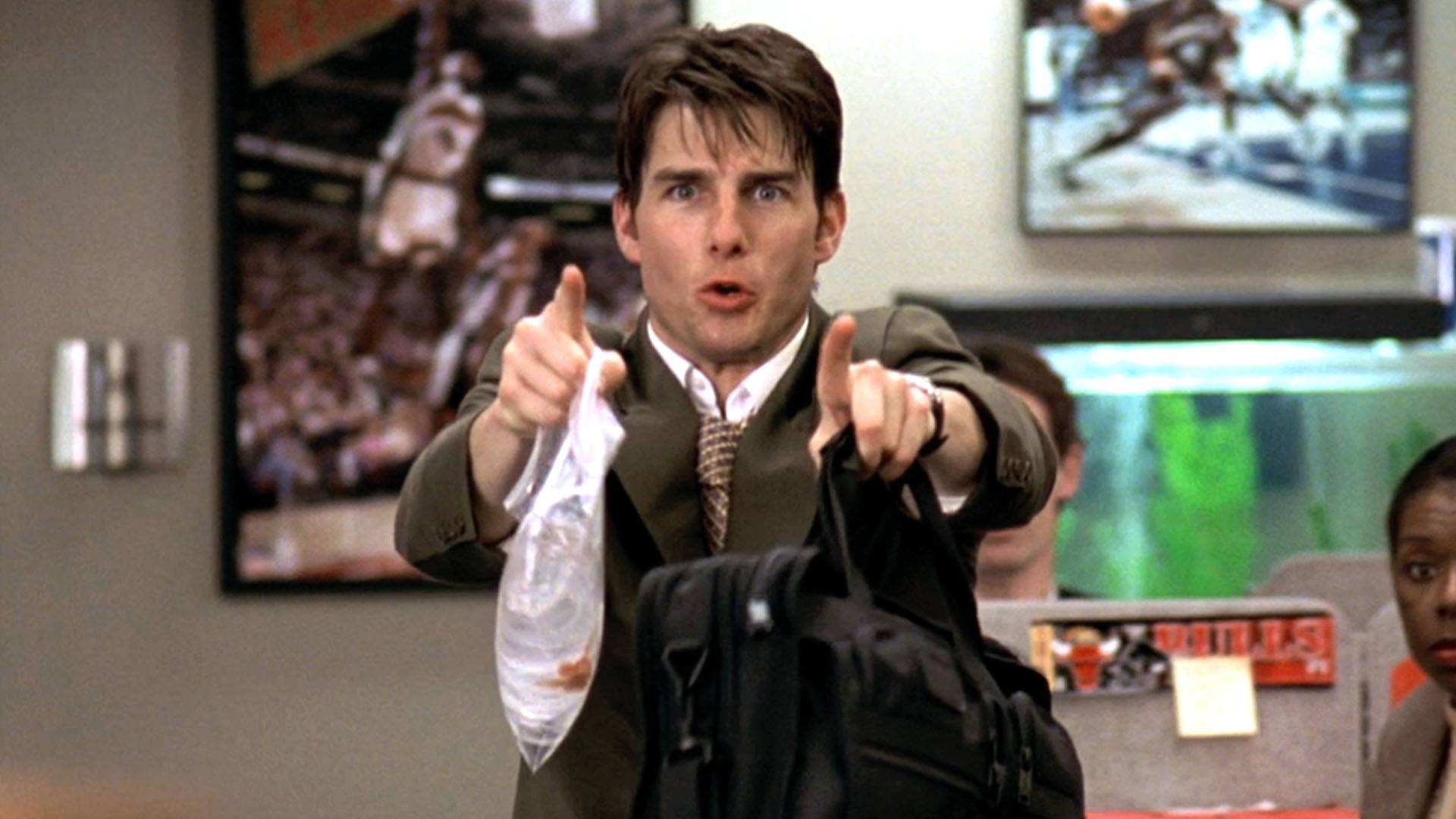 tom cruise quitting his job in jerry maguire, holding a goldfish - career break