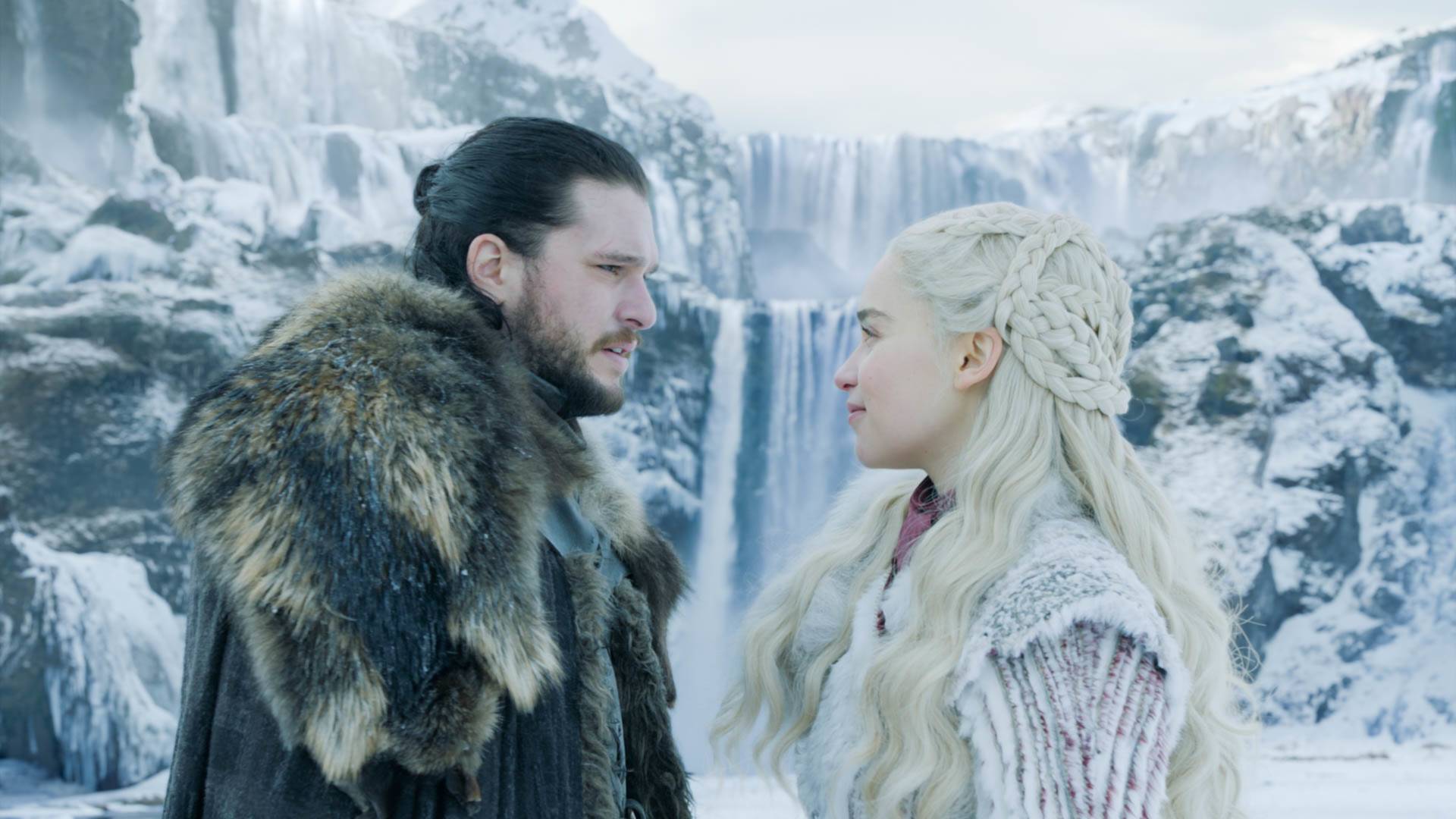 kit harington and emilia clarke in iceland in season 8 of game of thrones
