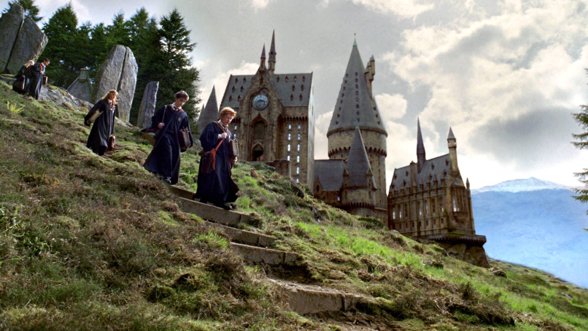 harry potter and friends outside a scottish castle