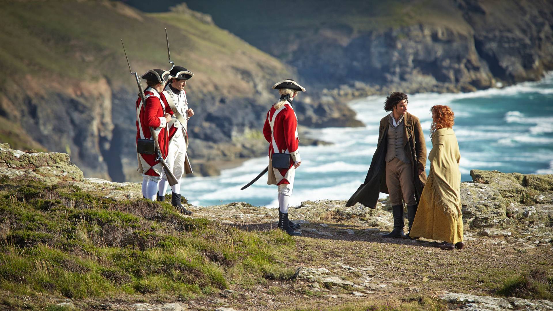 a scene from poldark in cornwall faturing aiden turner and eleanor tomlinson