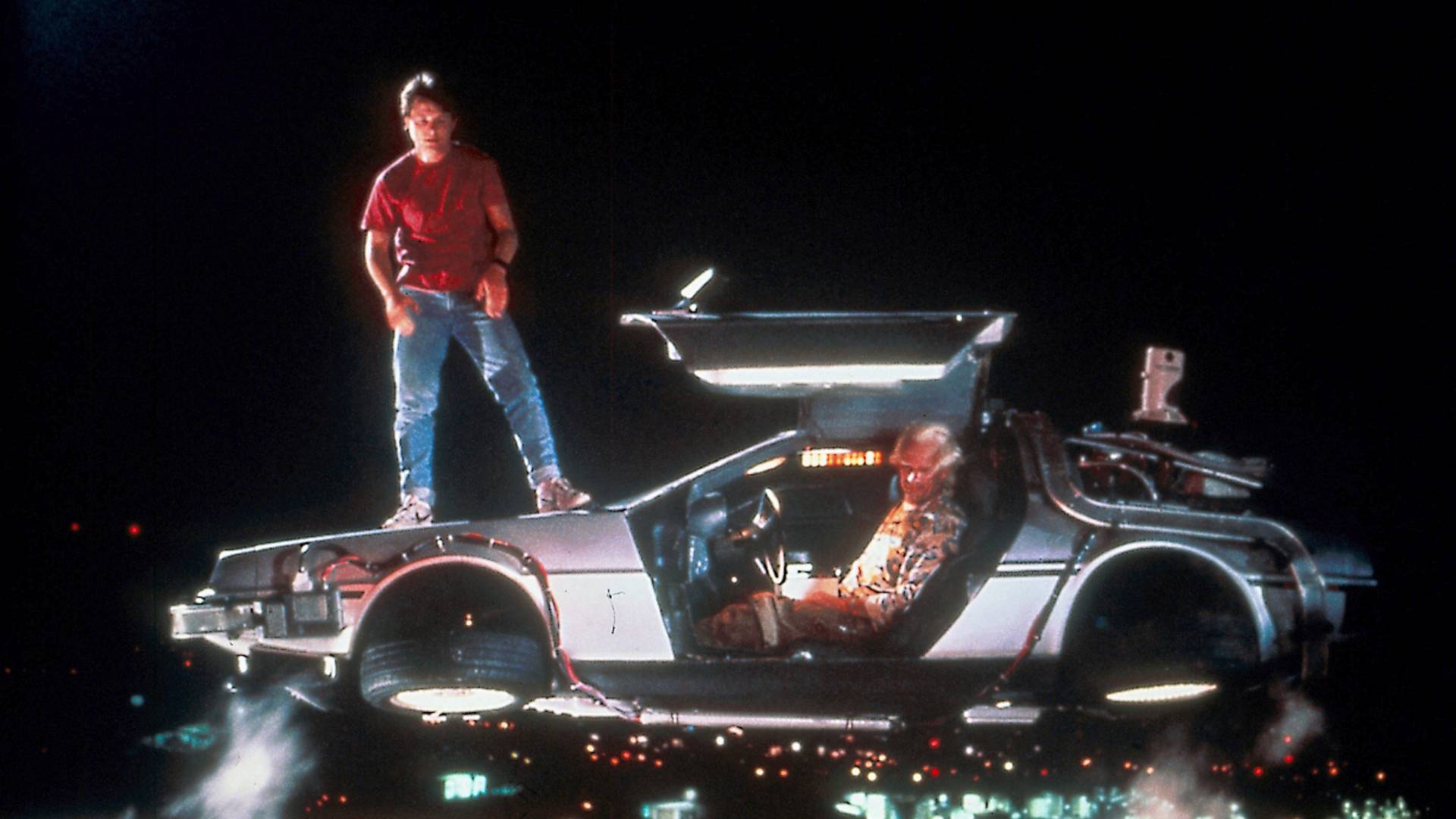 flying delorean and marty and doc brown in back to the future 2