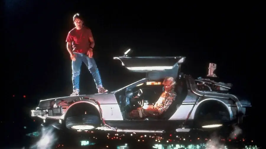 flying delorean and marty and doc brown in back to the future 2