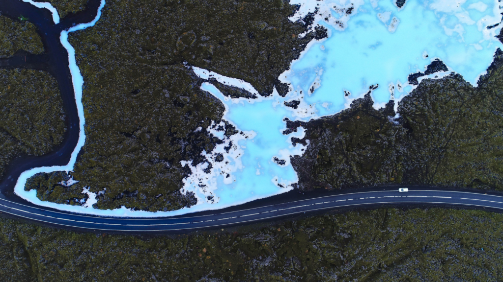 A birdseye view of a blue lagoon in Iceland 