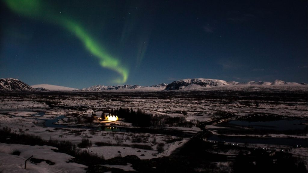 A view of the Northern Lights in Iceland
