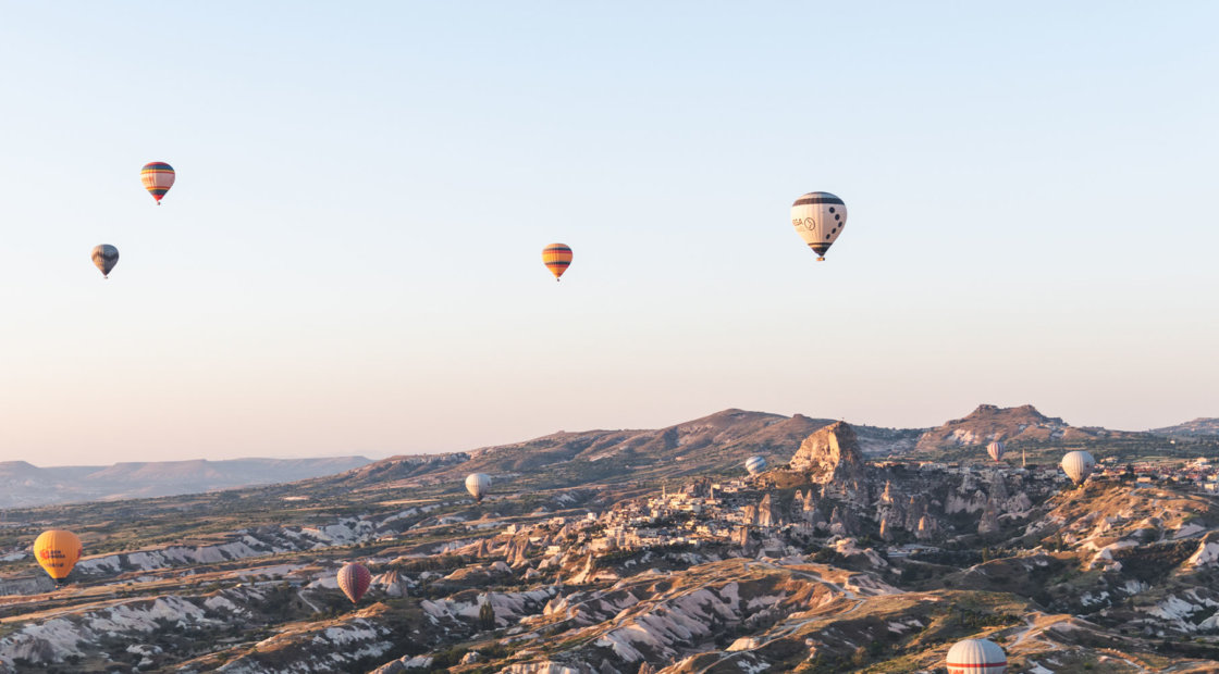 Birdseye view of hot air balloons in Cappadocia, Turkey
