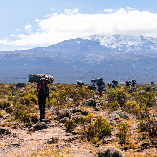 People with rucksacks climbing up Mount Kilimanjaro